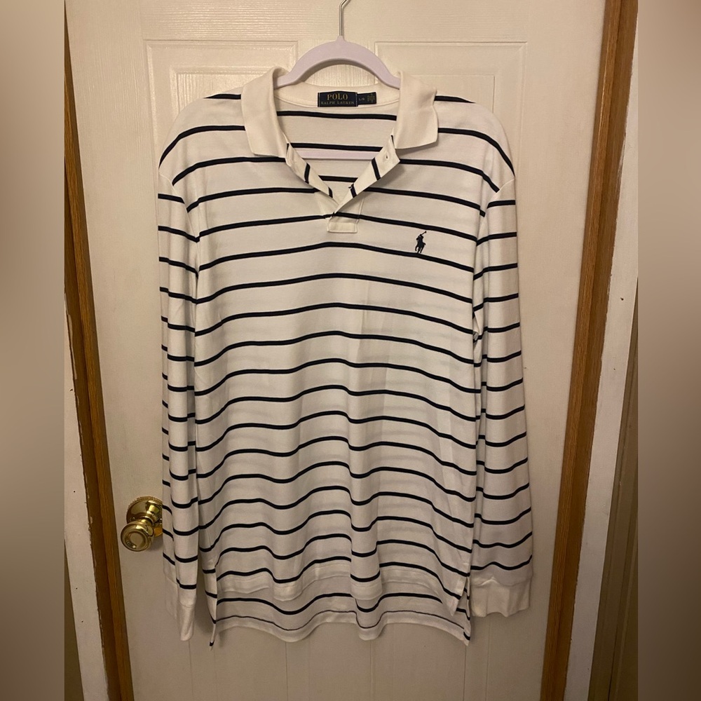 Ralph Lauren White Long-Sleeve Polo with Navy Stripes